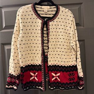 Bechamel Cream, Black and Red Nordic Knit Cardigan